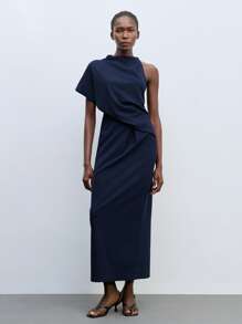 Maija Long Navy Blue Knit Dress For Women Elegant Stand Collar Asymmetrical One-Shoulder Design And Figure-Hugging Silhouette