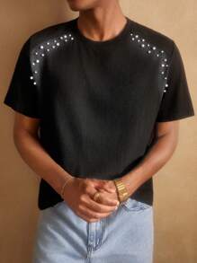 Manfinity BRENVOR 男士春夏新款高端小众解构喷漆钉珠短袖宽松黑色时尚T恤 - 黑色 - 查看 7