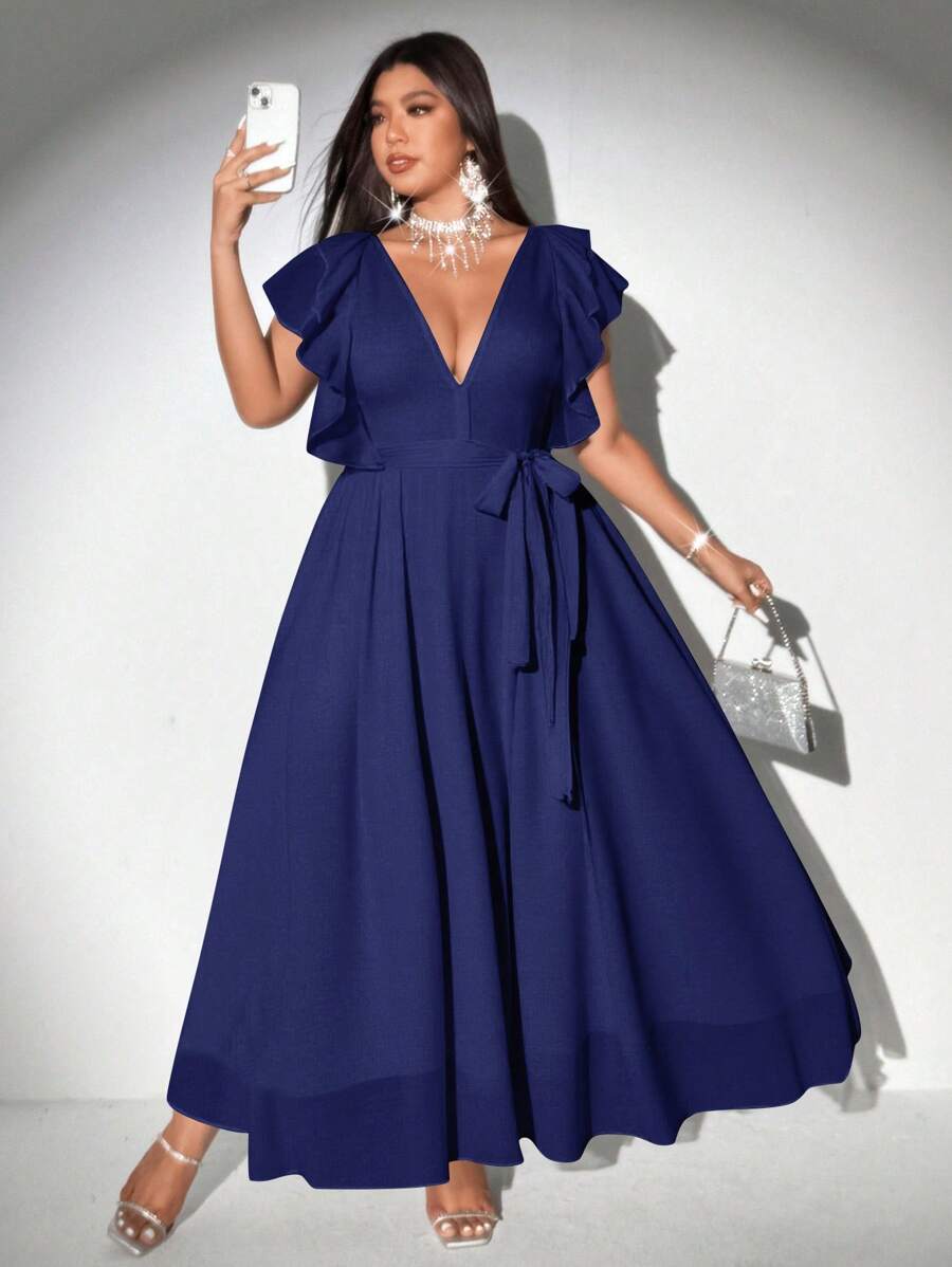 Viva Relle Plus Size Women Elegant Romantic Tie-Up Deep V-Neck Ruffle Sleeve A-Line Chiffon Dress - Navy Blue - View 1