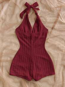 Dreamara Plus Size Women Vacation White Knitted Crinkle Texture Deep V Halter Tied Waist Fitted Jumpsuit, Suitable For Party, Valentine's Day, Date, Layering - Burgundy - View 2