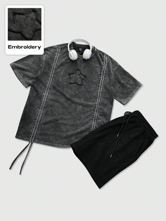 Street Life T-shirt à manches courtes noir avec look vintage délavé, patch brodé en forme d'étoile à cinq branches de style américain, coupe ample décontractée avec cordon de serrage, streetwear