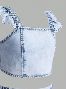 Tween Girls2Pcs Summer Set: Sweet Fashion Denim Camisole With Bow Design And Bow Ruffle Hem A-Line Denim Skirt - Light Wash - View 6