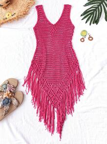 SHEIN Swim Women's Solid Color Hollow Out Tassel Hem Sleeveless Cover Up Dress For Vacation