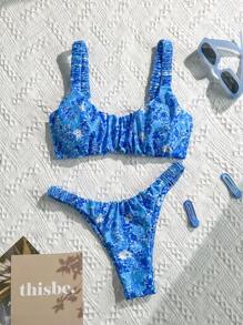 Swim Mod Women's Summer Random Print Ruched High-Cut Sexy Bikini Set - Multicolor - View 1