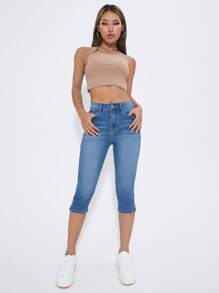 SHEIN Essnce Pantalones capri vaqueros elásticos y casuales con bolsillos para mujer - Azul - Ver 3