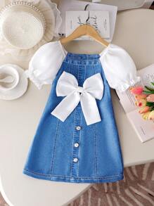 SHEIN Young Girl Elegant & Graceful Bowknot Decor White & Blue Mini Dress, Casual Vacation Dress For Outdoor & Beach Summer Holiday