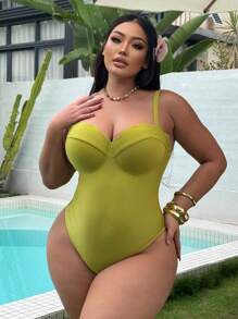 Swim SXY Plus Size Women Summer Beach Holiday Solid Color Shell Trim Bustier One-Piece Swimsuit & Waist Ruched Cover-Up Skirt - Green - View 3