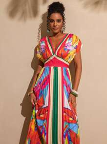 SHEIN Tall Colorful Print Deep V-Neck Batwing Sleeve Pleated Vacation Dress For Women, Tall Women - Multicolor - View 4