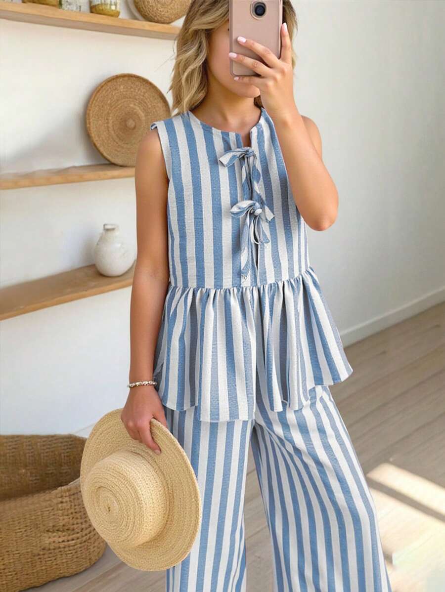 INAWLY Women's Casual Striped Sleeveless Peplum Top & Wide Leg Pants 2 Pieces Set, Summer - Blue - View 1