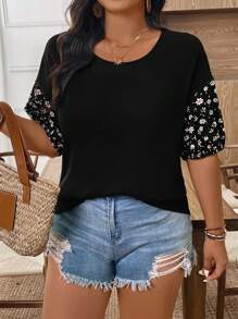 EMERY ROSE 大码女式雏菊印花拼布短袖休闲T恤，夏季 - 黑色 - 查看 4