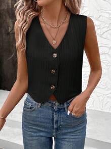 SHEIN LUNE Blusa casual y de trabajo con cuello en V, abotonada, bajo asimétrico y tela con estampado de olas, look elegante para mujeres. Blusa negra de cuello en V, blusa negra de verano, blusa negra sin mangas, chaleco negro, blusa negra linda