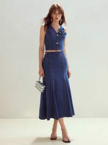 MOTF STUDIO STEREO FLORAL RHINESTONE DETAIL DENIM SKIRT