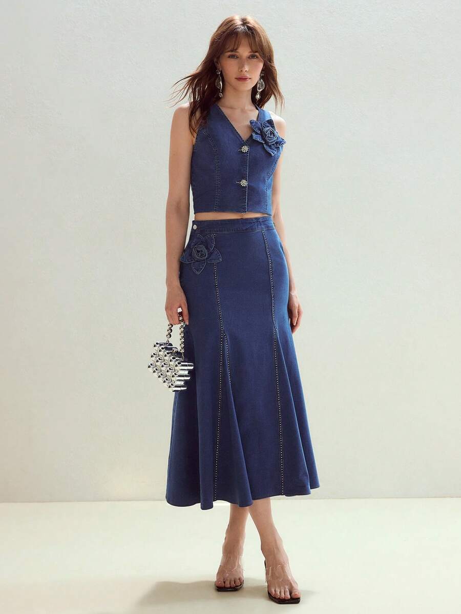 MOTF STUDIO STEREO FLORAL RHINESTONE DETAIL DENIM SKIRT