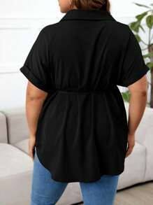 SHEIN Maternity Plus Size Casual Solid Color Button Waist Belt Short Sleeve Top