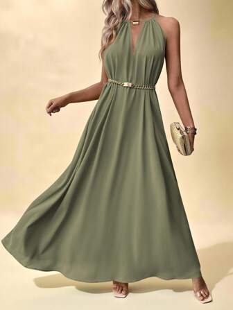 Vesra Kvinnor Beach Summer Simple Solid Keyhole Neckline Backless Halter Dress Maxi Vacation Beach Outfit