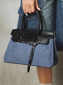 SHECARRY 女士时尚个性化街头风格 Y2K 迷彩拼布黑色 PU 手提包 - 藍色 - 查看 2