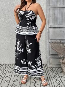 SHEIN Clasi Damen Große Größen Eleganter Urlaub Pflanzen Muster Tube Top mit Krawattenausschnitt & weite Hose Zweiteiler Set - Schwarz und Weiss - Übersicht 4