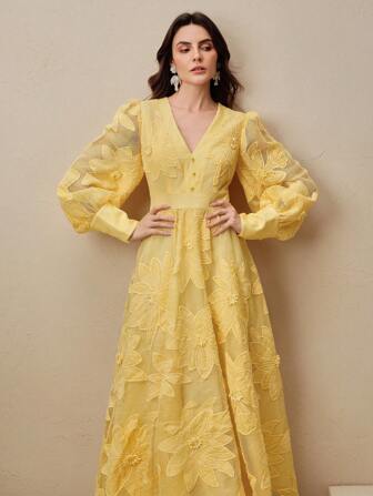 Anewsta Women's Elegant Embroidery Pearls Lantern Sleeve V-Neck Slim Fit Waist Cinching Design Dress