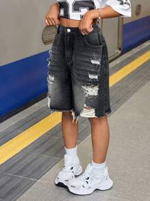 SHEIN Tween Girl Y2K 高腰宽松破洞柔软牛仔百慕大短裤，带毛边下摆，夏季骑行短裤，波西米亚风海滩音乐会狂欢节，女孩可爱夏季短裤毕业 - 灰色 - 查看 7