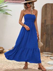 Breezaya Solid Ruffle Hem Tube Dress Maxi Vacation Beach Outfits Women - Royal Blue - View 6