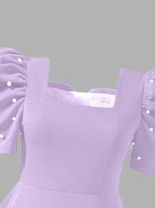 Váy ngắn tay màu đỏ trơn cho bé gái tuổi teen, Váy đỏ cho bé gái tuổi teen, Thiết kế nơ hở lưng tay bồng đính hạt, Váy công chúa thanh lịch cổ điển ngọt ngào thời trang - Màu tím - Xem 6