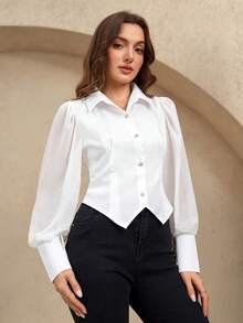 EMERY ROSE Nueva camisa elegante de moda con manga abullonada y abotonada, blusa de ajuste elegante y ceñido con manga transparente - Blanco - Ver 3