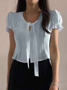 DAZY Women's Solid Color Tie Front Short Sleeve Cropped Elegant Blouse