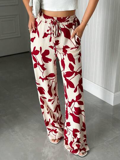SHEIN Tall Floral Print Women's Drawstring Waist Casual Pants, Random Pattern, Casual Pants