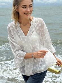 Jouncy 女式纯色荷叶边镂空领口透视休闲百搭衬衫 - 白色 - 查看 4