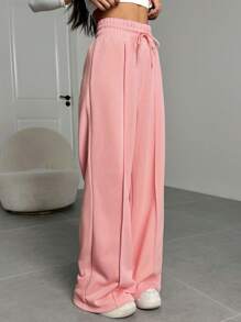 SHEIN EZwear 纯色抽绳休闲宽松运动裤 - 粉色 - 查看 4