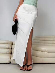 Roylia Falda de moda con dobladillo con volantes multicapa y abertura lateral de unicolor para mujer - Blanco - Ver 3