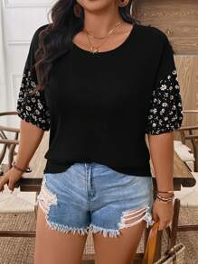 EMERY ROSE 大码女式雏菊印花拼布短袖休闲T恤，夏季 - 黑色 - 查看 5