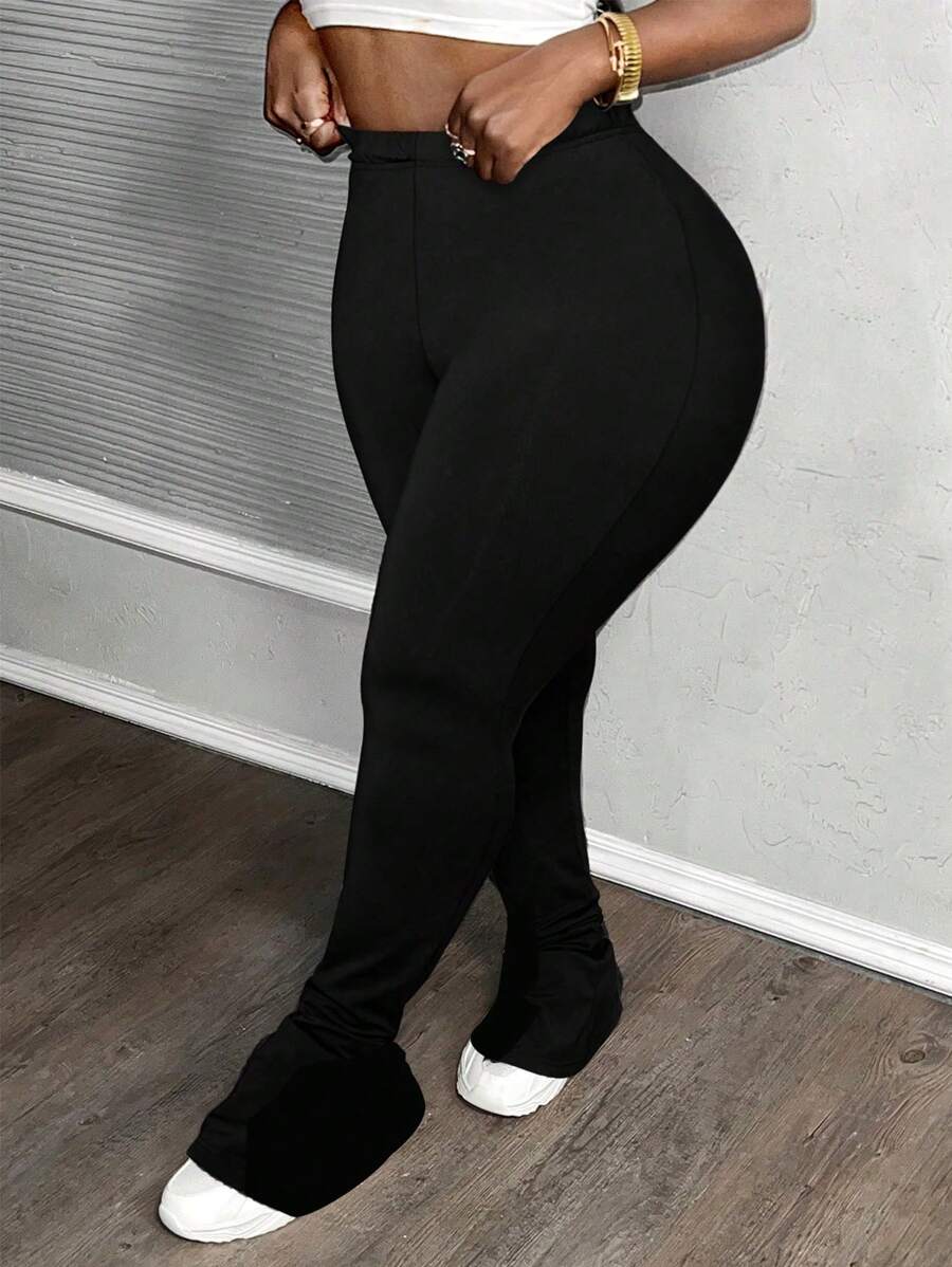 Slaydiva 2025 New Summer Casual All-Match Solid Black Knitted Elastic Waist Split Hem Flare Pants, Plus Size - Black - View 1