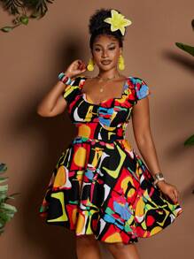 Maweii 大码女式夏季度假风格甜心领荷叶边袖花卉印花腰部修身喇叭裙