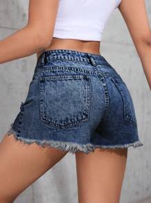 SHEIN PETITE Women's Solid Color Pocket Ripped Hem Summer Denim Shorts - Dark Wash - View 2