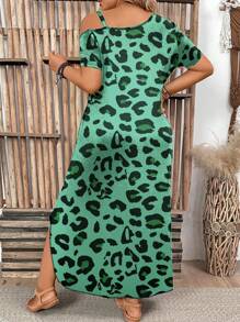 EMERY ROSE Plus Size Women Summer Leopard Print Asymmetric Neck Side Slit Loose Casual Dress - Multicolor - View 2