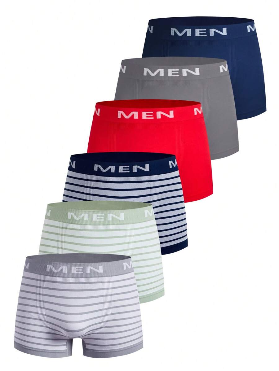 Men's Striped & Letter Print Fashion Boxer Briefs, Suitable For Daily Wear 6 Pcs, - Multicolor - View 1