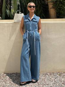 Livesso السيدات بلون واحد, بدون أكمام, سروال واسع وبذلة جينز