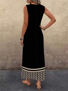 EMERY ROSE Plus Size Women Vintage Pattern Print Round Neck Casual Tank Dress, Summer Dresses For Women,Sundress Chic Dress