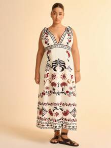 CAJUNI Boho Tropical Floral Retro Print Deep V-Neck Sleeveless Tie Front Casual Vacation Beach Maxi Dress For Plus Size Women - Multicolor - View 5