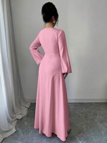 Modelyn 女士优雅双色拼接泡泡珠镂空腰部 A 字长裙女士长款晚礼服 - 藕粉色 - 查看 2