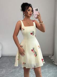 SHEIN Raffinéa Vestido de verano de mujer con cuello cuadrado elegante y minimalista, con manga abullonada y bordado - Amarillo - Ver 3
