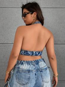 SHEIN ICON Plus Size Fashionable Casual Halter Neck Tie-Up Backless Denim Top - Blue - View 2