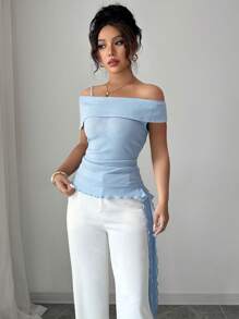 Elenzga 春夏毕业季新款单肩不对称荷叶边下摆修身女士T恤 - 藍色 - 查看 5