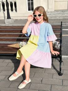 SHEIN 青少年女孩度假休闲梭织拼布衬衫裙 - 彩色 - 查看 7