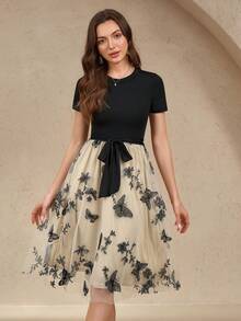EMERY ROSE Color Block Butterfly Embroidery Mesh Dress Maxi Vacation Beach Outfits Women - Black - View 3