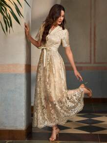 ZEYLAH Women's Button Down Floral Mesh Elegant Dress