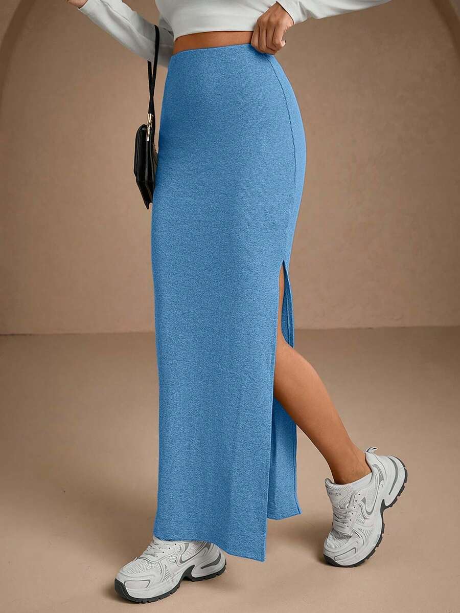 EURMUSE Women Solid Color Slit Detailed Tube Skirt - Baby Blue - View 1