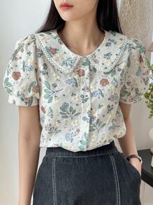 DAZY Floral Embroidery Peter Pan Collar Puff Sleeve Blouse