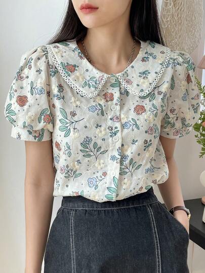 Bluse Mit Blumenstickerei, Peter Pan Kragen Und Puff Ärmel